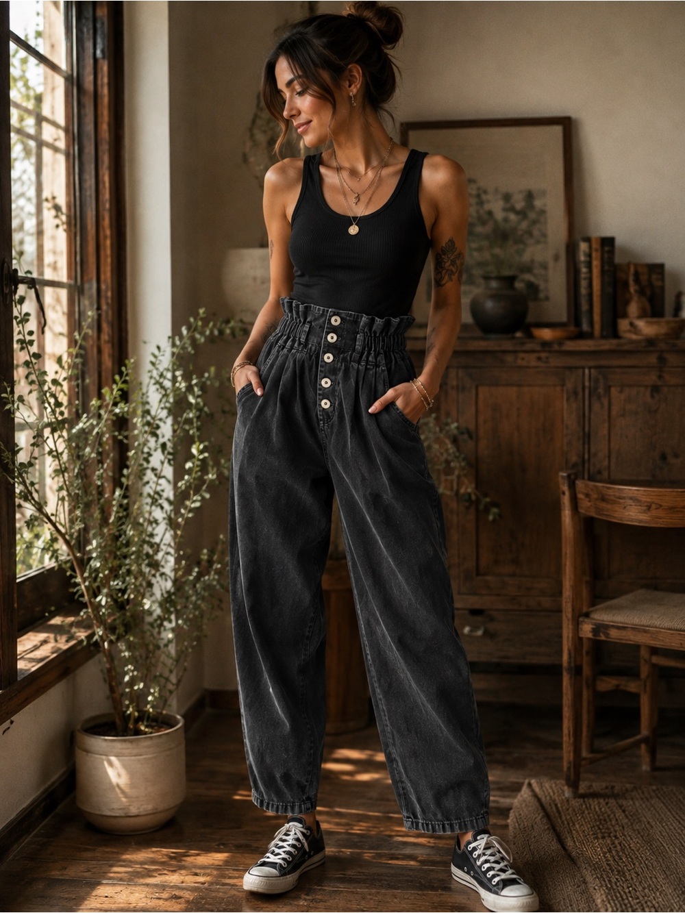 Jou Jou Black Washed Paperbag Waist Cropped Jeans